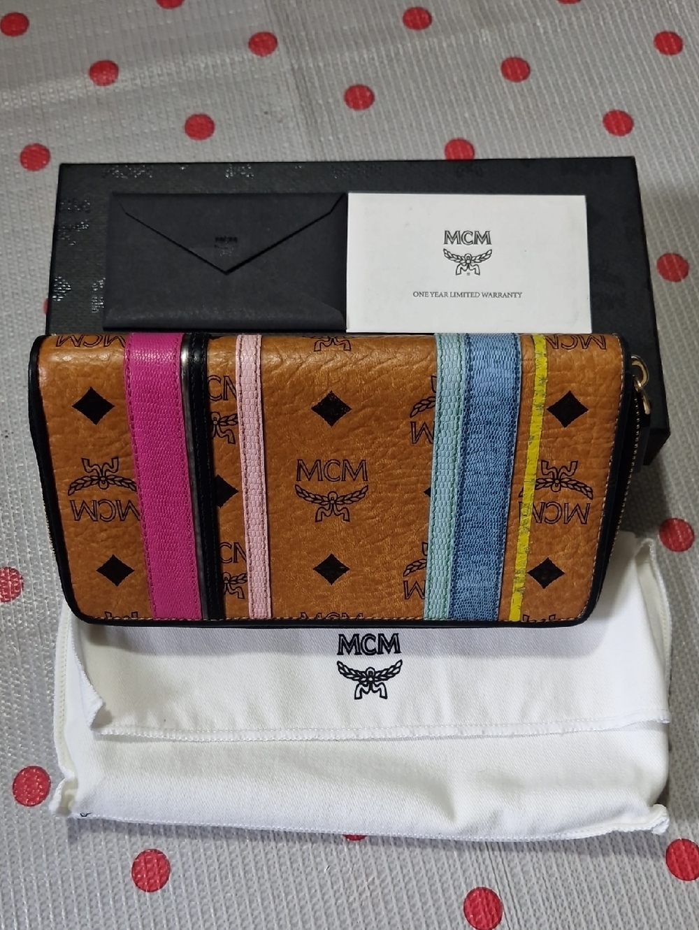 MCM Cognac Visetos Wallet with Pink, Light Pink, Blue and Yellow Stripes